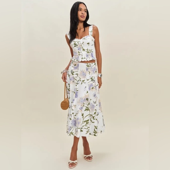 NEW Reformation Anatolia Linen Corset Two Piece Serenity White Floral US 4 UK 8 - Picture 1 of 16